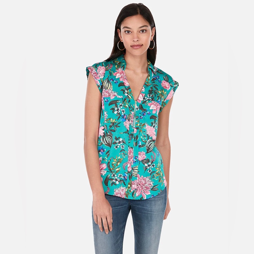 Express Floral Satin Zip Front Chelsea Popover - S